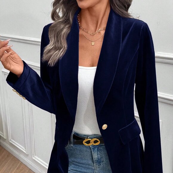 Navy Blue Elegant Women's Velvet Blazer - Picture 5 of 8